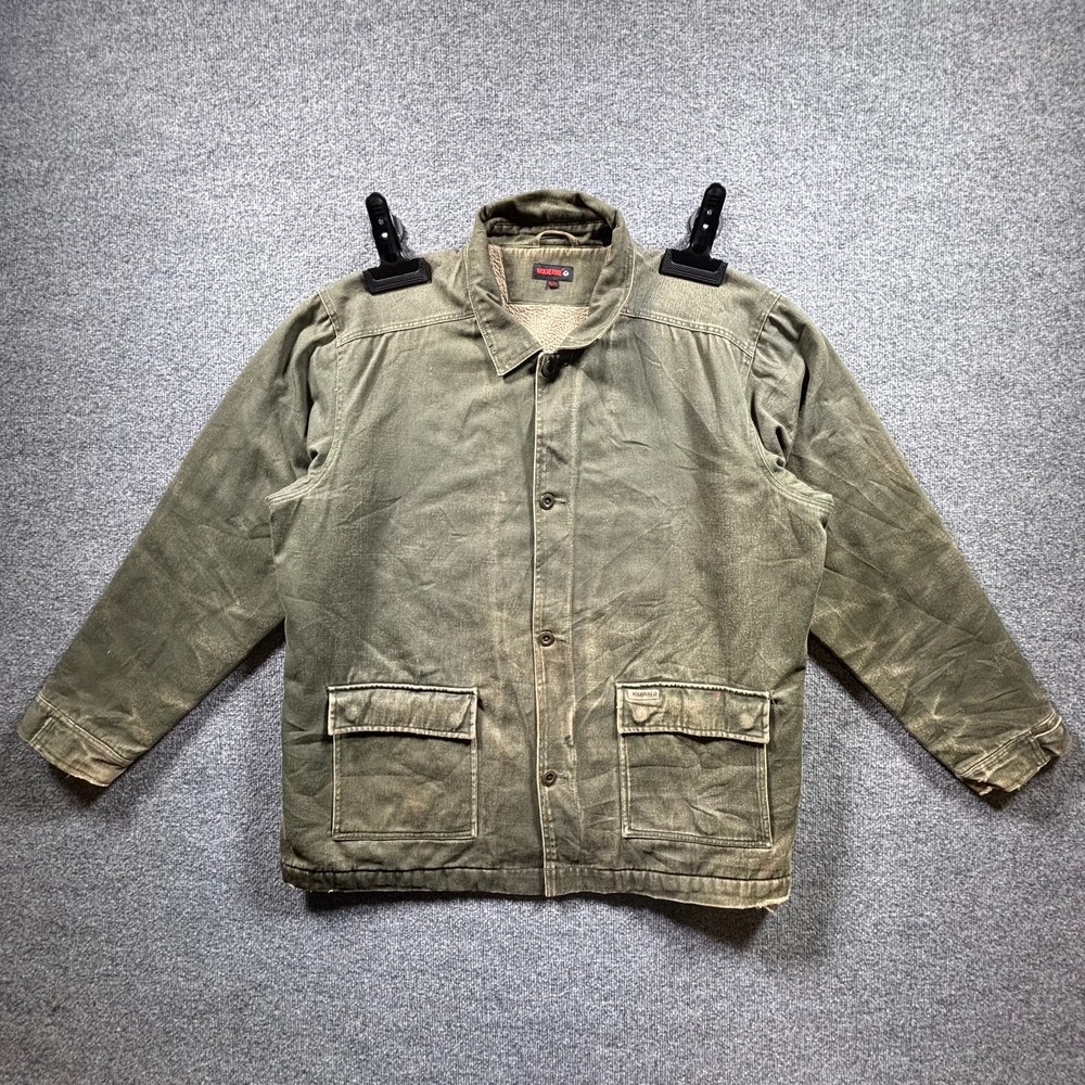 Wolverine Chore Jacket Mens 2XL Green Canvas Button Front Sherpa Lined Outerwear
